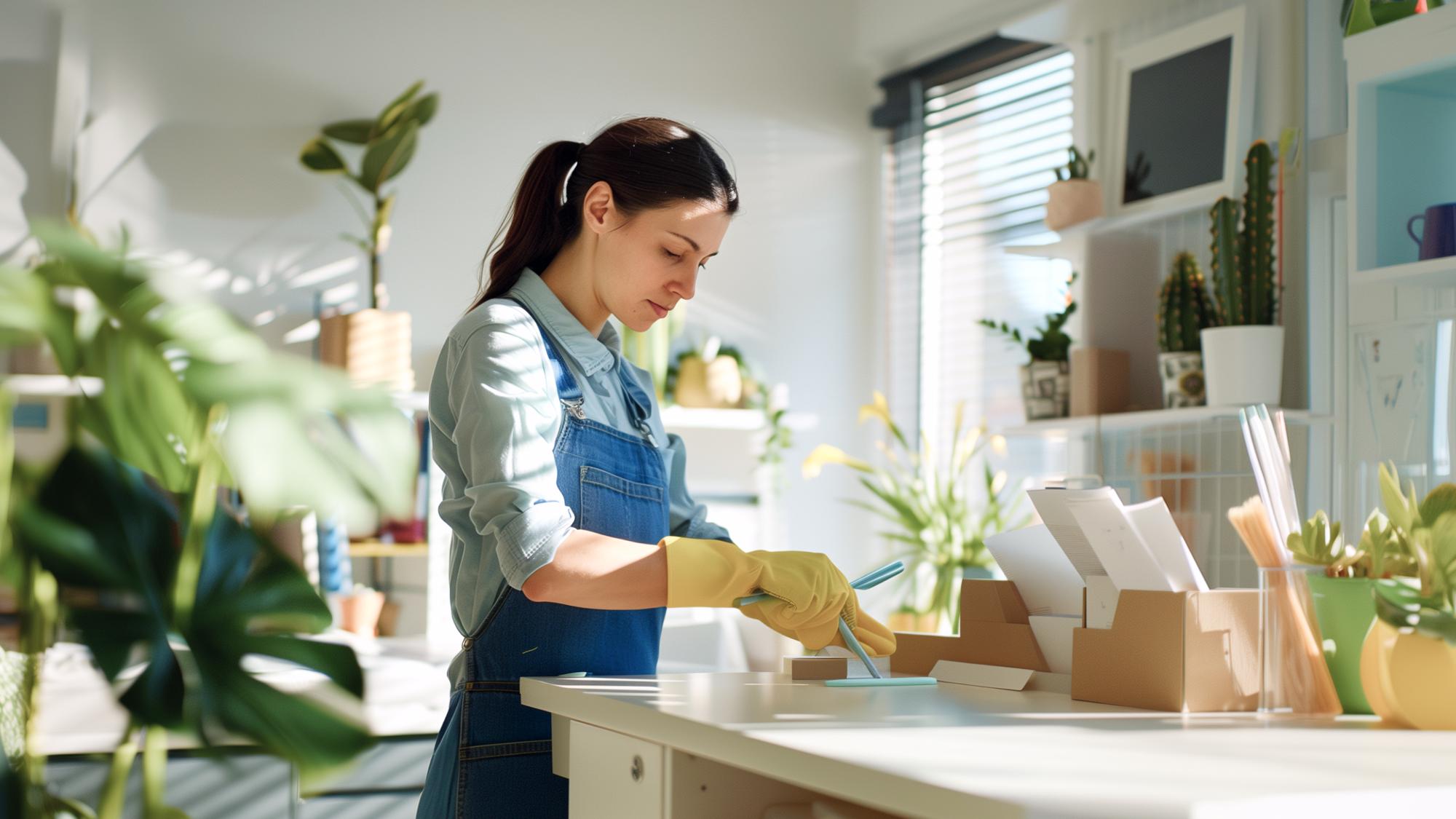 A woman wearing a blue apron and yellow gloves is cleaning a surface in a sunlit room filled with plants and decorative items. She is focused on her task, surrounded by a bright and cheerful environment.